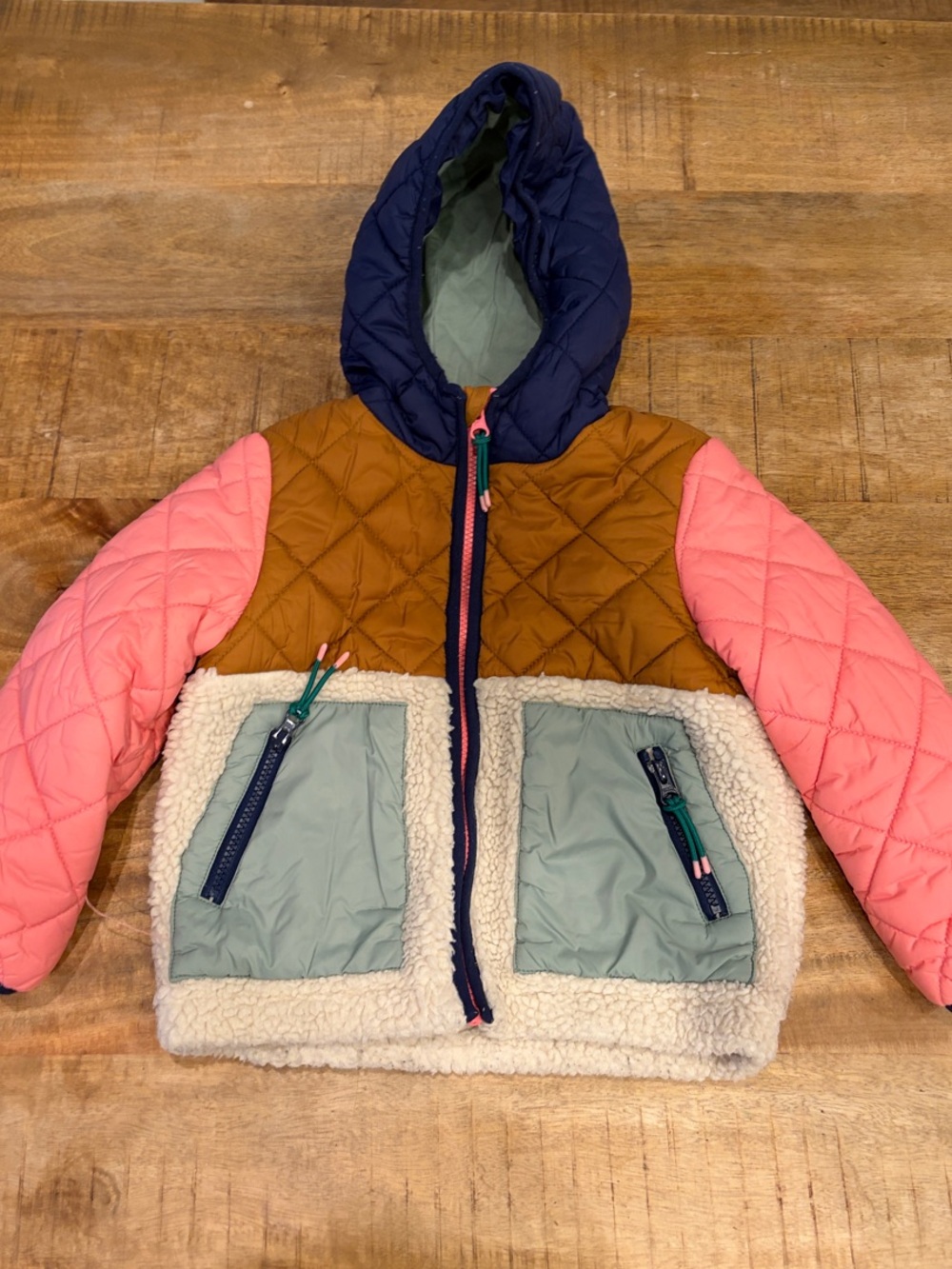 Mini Boden Kids Colorblock Quilted & Sherpa Hooded Jacket - Pink/Navy/Tan/Green